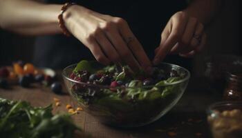 une rafraîchissant été salade avec biologique baies et feuillu légumes verts généré par ai photo