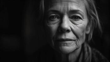 un triste, ridé femme à la recherche en plein air avec gris cheveux et solitude généré par ai photo