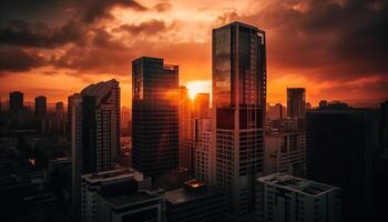 silhouette de moderne grattes ciels contre coloré crépuscule ciel dans paysage urbain généré par ai photo