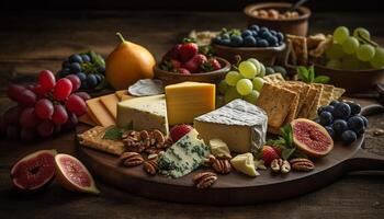 une rustique fromage plat avec Frais fruit et biologique du vin généré par ai photo