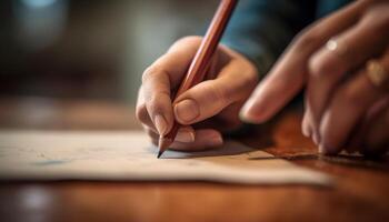 enfant artiste en portant crayon, esquisse des idées sur papier dans salle de cours généré par ai photo