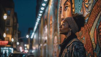 élégant Jeune femme en marchant par illuminé ville des rues à nuit généré par ai photo