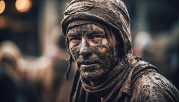 une souriant homme dans traditionnel Vêtements jouit le humide boue généré par ai photo