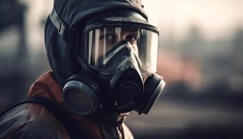 un homme, armé les forces, guerre, gaz masque, pollution, danger généré par ai photo