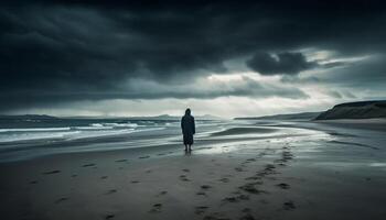 un la personne en marchant sur le littoral, profiter solitude et tranquillité généré par ai photo