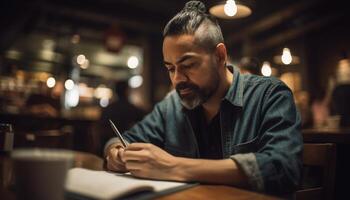 un Beau homme d'affaire séance à l'intérieur café boutique, en portant boire, en train de lire e courrier généré par ai photo