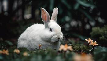 duveteux bébé lapin est assis dans vert prairie, célébrer printemps beauté généré par ai photo