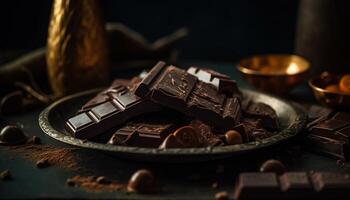 une tentant proche en haut de une foncé Chocolat dessert tranche généré par ai photo