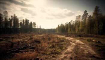 tranquille le coucher du soleil plus de endommagé forêt révèle beauté dans environnement croissance généré par ai photo