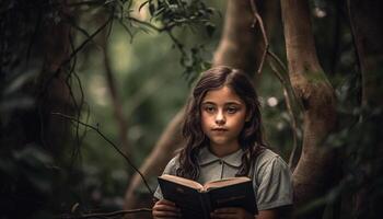 une mignonne fille en train de lire une Bible dans le l'automne forêt généré par ai photo