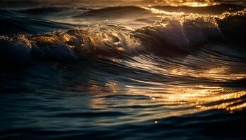 le coucher du soleil plus de ondulé horizon, vagues éclabousser sur tranquille des eaux généré par ai photo