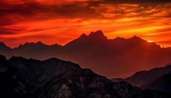 majestueux Montagne intervalle silhouette contre spectaculaire le coucher du soleil ciel, une tranquille scène généré par ai photo