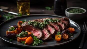 grillé aloyau steak sur rustique vaisselle, une gourmet principale cours généré par ai photo