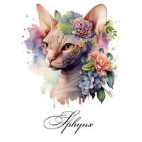 aquarelle illustration de une Célibataire sphynx chat race avec fleurs. ai généré. aquarelle animal collection de chats. chat portrait. illustration de animal de compagnie. photo