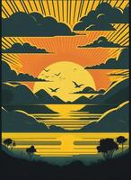 rétro affiche de une paysage marin avec vagues, mouettes et des nuages. lever du soleil et le coucher du soleil. impression maison. Contexte pour affiche, bannière. ai généré photo