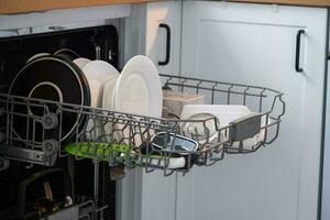 une lot de sale vaisselle dans le lave-vaisselle. portion le hôtesse, économie et écologie. nettoyage dans le cuisine photo