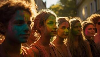 Jeune adultes prendre plaisir coloré Festival avec copains généré par ai photo