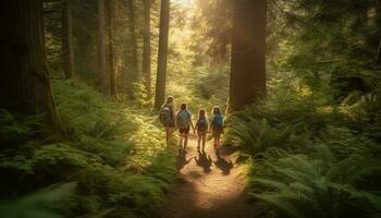 famille randonnée par forêt, profiter la nature beauté généré par ai photo