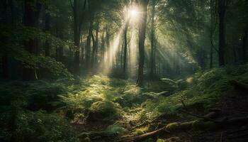 mystérieux forêt, brumeux chemin, enchanté Fée Aube généré par ai photo