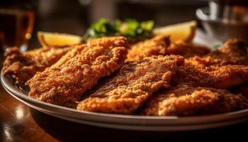 frit poulet filet sur assiette avec salade généré par ai photo