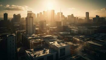 le coucher du soleil illumine moderne ville ligne d'horizon, animé avec circulation généré par ai photo