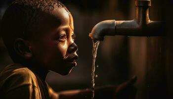 Jeune africain enfant en buvant Frais purifié l'eau en plein air généré par ai photo