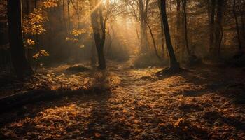 d'or feuilles tapis forêt sol dans l'automne généré par ai photo