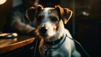 mignonne chiot séance, à la recherche à caméra à l'intérieur généré par ai photo