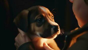 mignonne chiot et fille embrasse dans la nature beauté généré par ai photo