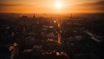 le coucher du soleil illumine ville ligne d'horizon, la nature la pollution évident généré par ai photo