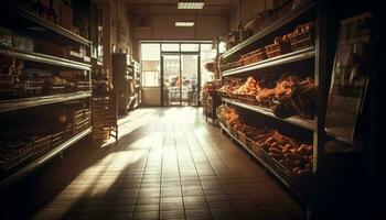 Frais biologique les courses dans grand abondance à l'intérieur supermarché généré par ai photo