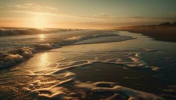 d'or Soleil ensembles plus de tranquille bleu vagues généré par ai photo