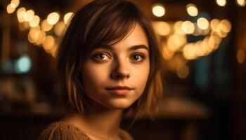 Jeune adulte femme souriant, illuminé par Noël lumières généré par ai photo