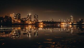 brillant ville horizon reflète sur tranquille l'eau généré par ai photo