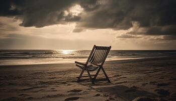 tranquille scène, chaise par eau, le coucher du soleil beauté généré par ai photo