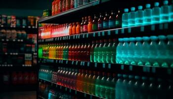multi coloré du vin bouteilles dans une rangée sur étagère généré par ai photo