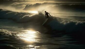 musclé silhouette surfant Maui rupture vagues à crépuscule généré par ai photo
