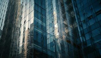 grand acier gratte-ciel reflète bleu abstrait paysage urbain modèle généré par ai photo