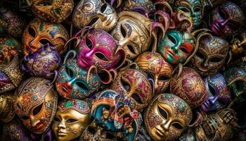 coloré masques dans une ligne, une souvenir collection généré par ai photo