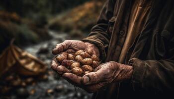 Sénior agriculteur en portant Frais biologique l'automne fruit généré par ai photo