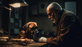 caucasien homme séance avec mignonne de race bouledogue généré par ai photo