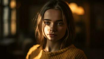 Jeune femme avec marron cheveux souriant à l'intérieur généré par ai photo