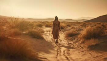 un femme en marchant sur le sable à le coucher du soleil généré par ai photo