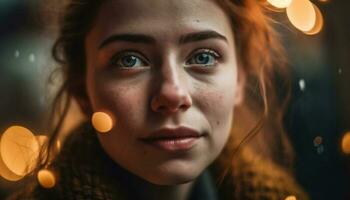 magnifique Jeune femme souriant à caméra en plein air généré par ai photo