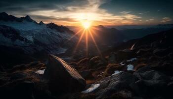 majestueux Montagne gamme, tranquille coucher de soleil, idyllique beauté généré par ai photo