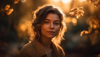 Jeune femme jouit la nature élégance à le coucher du soleil généré par ai photo