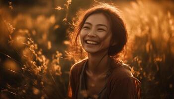 Jeune femme souriant dans la nature beauté généré par ai photo