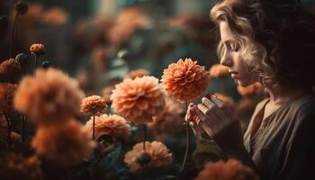 souriant Jeune femme détient bouquet dans la nature généré par ai photo