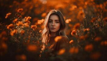 un Jeune femme souriant, beauté dans la nature généré par ai photo