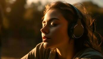 Jeune femme profiter nature, écoute à la musique généré par ai photo